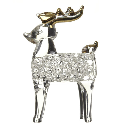 Crystal deer figurine with gold antlers on a white background