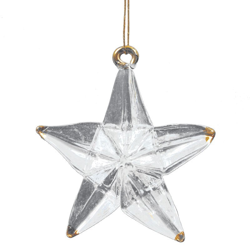 Clear star-shaped ornament with a gold hook on a white background