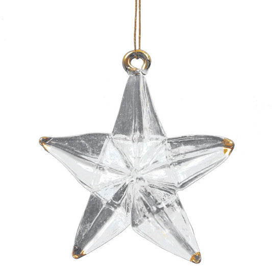 Clear star-shaped ornament with a gold hook on a white background