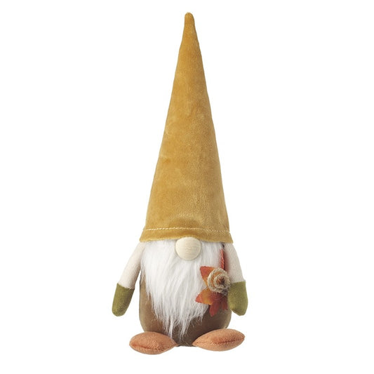 Decorative gnome with a yellow hat and brown body on a white background