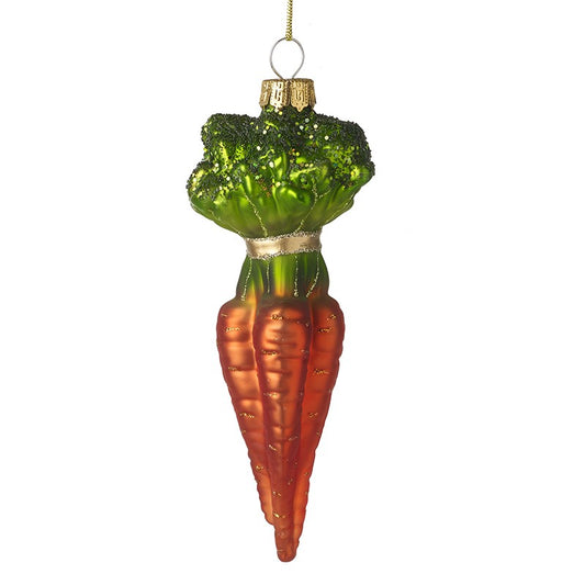 Decorative ornament shaped like a carrot with broccoli on top, hanging against a white background.