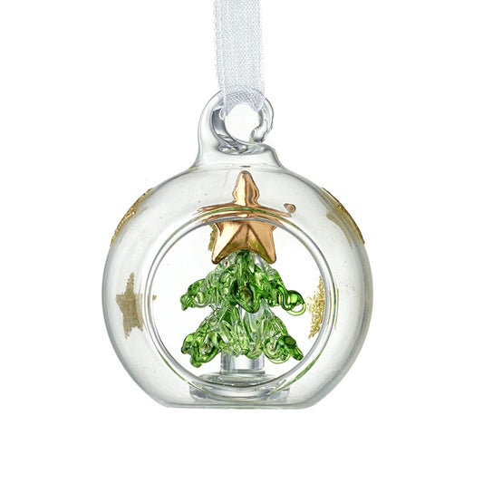 Clear glass ornament with green Christmas tree and gold star on a white background