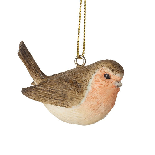 Decorative bird ornament hanging on a gold chain against a white background