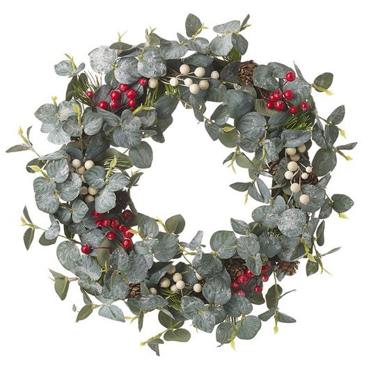 Decorative wreath with green leaves, red berries, and pinecones on a white background