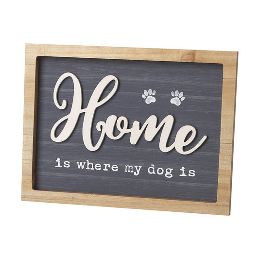 Decorative sign with 'Home is where my dog is' text on a chalkboard background.