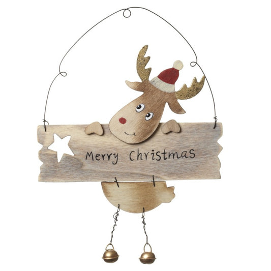 Wooden reindeer decoration with 'Merry Christmas' sign on a white background