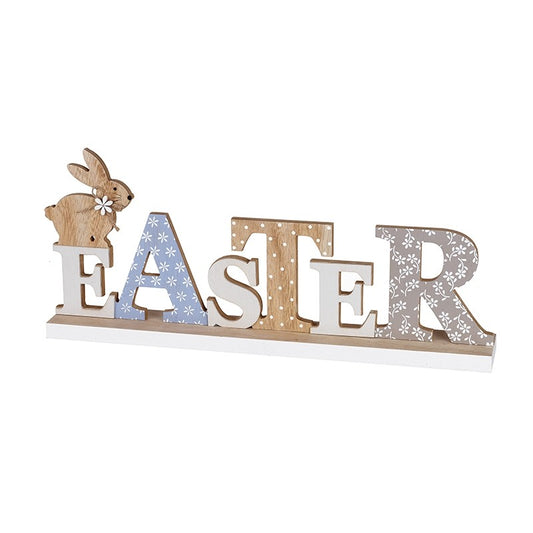 Decorative Easter sign with wooden rabbit and colorful letters on a white background
