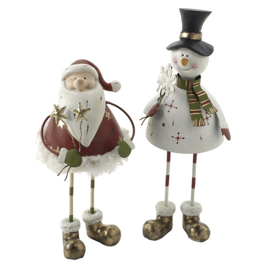 Decorative figures of a Santa Claus and a snowman on a white background