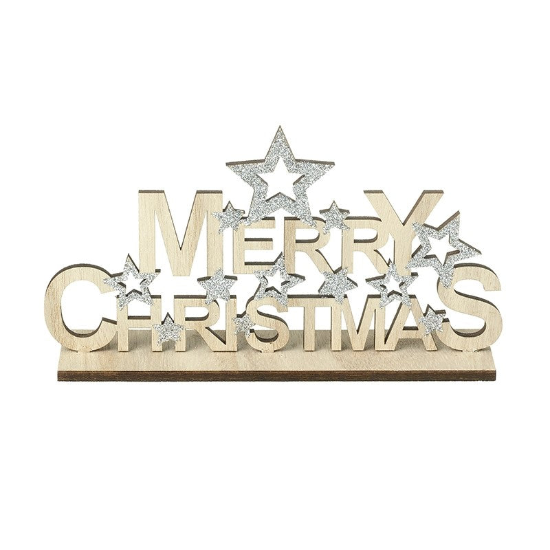 Decorative sign with 'Merry Christmas' text and stars on a white background