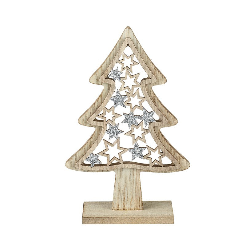Wooden Christmas tree decoration with star patterns on a white background