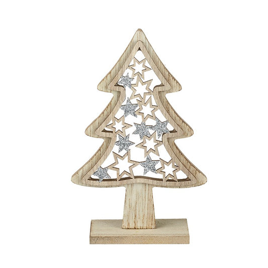 Wooden Christmas tree decoration with star patterns on a white background