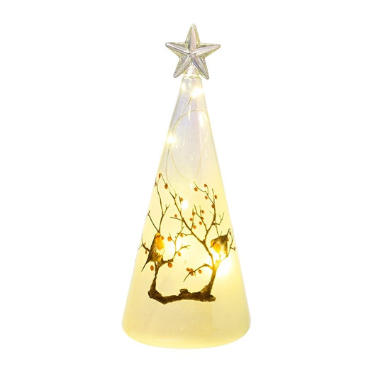 Decorative cone-shaped light with a star on top and tree design inside, on a white background