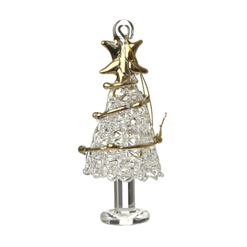 Decorative Christmas tree ornament with gold and silver accents on a white background