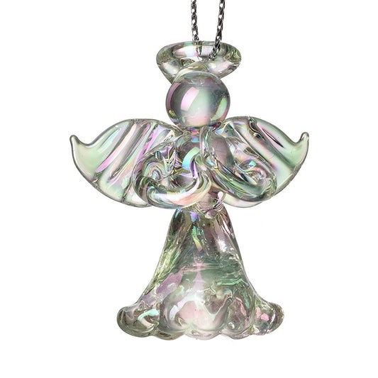 Iridescent glass angel ornament on a white background