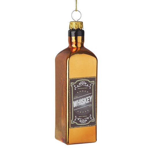 Decorative whiskey bottle ornament with a white background