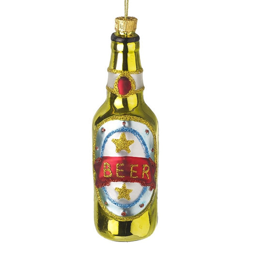 Decorative glass beer bottle ornament with 'BEER' text on a white background
