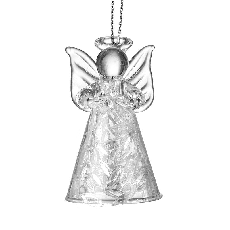 Clear glass angel ornament on a white background