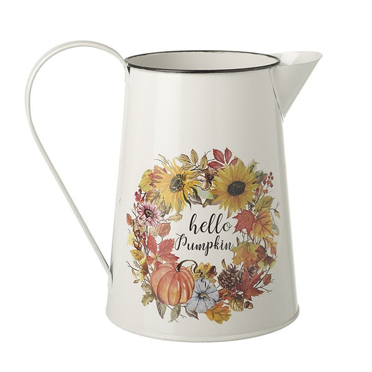 White pitcher with autumn-themed design and 'hello pumpkin' text on a white background