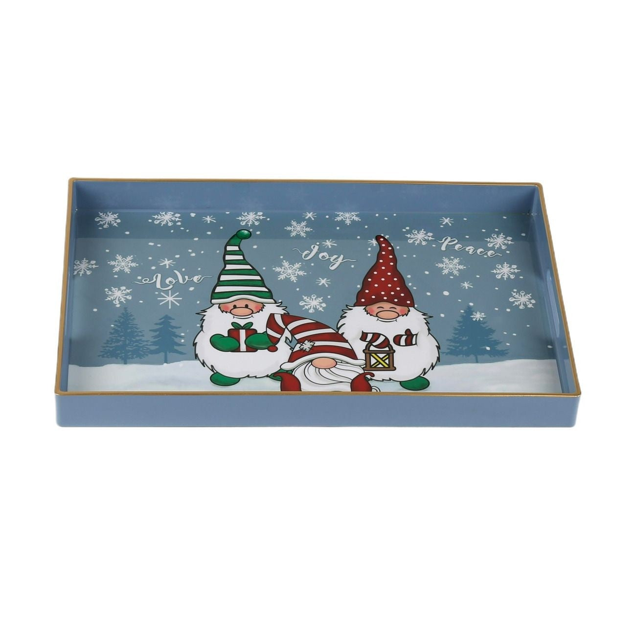 Decorative tray with Christmas-themed design featuring gnomes, snowflakes, and trees on a blue background.