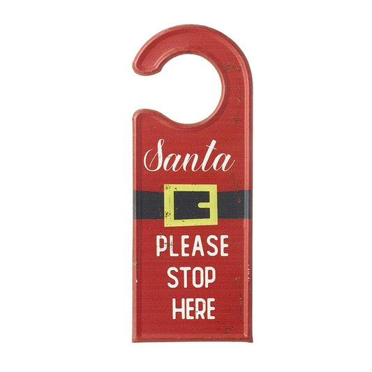 Red door hanger with 'Santa Please Stop Here' text on a white background