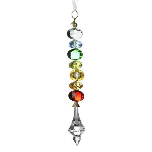 Colorful beaded hanging ornament with a clear crystal pendant on a white background