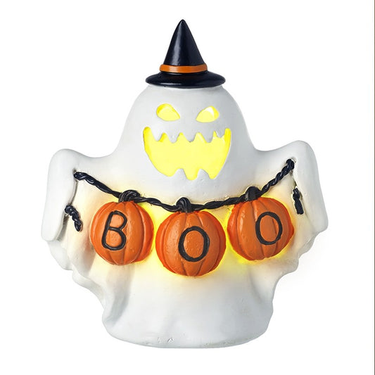 Halloween-themed ghost decoration with pumpkin lights spelling 'BOO' on a white background