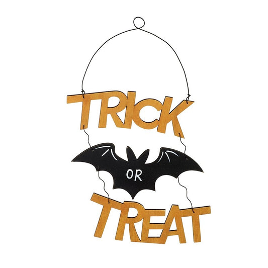 Hanging Halloween decoration with 'Trick or Treat' text and a bat on a white background