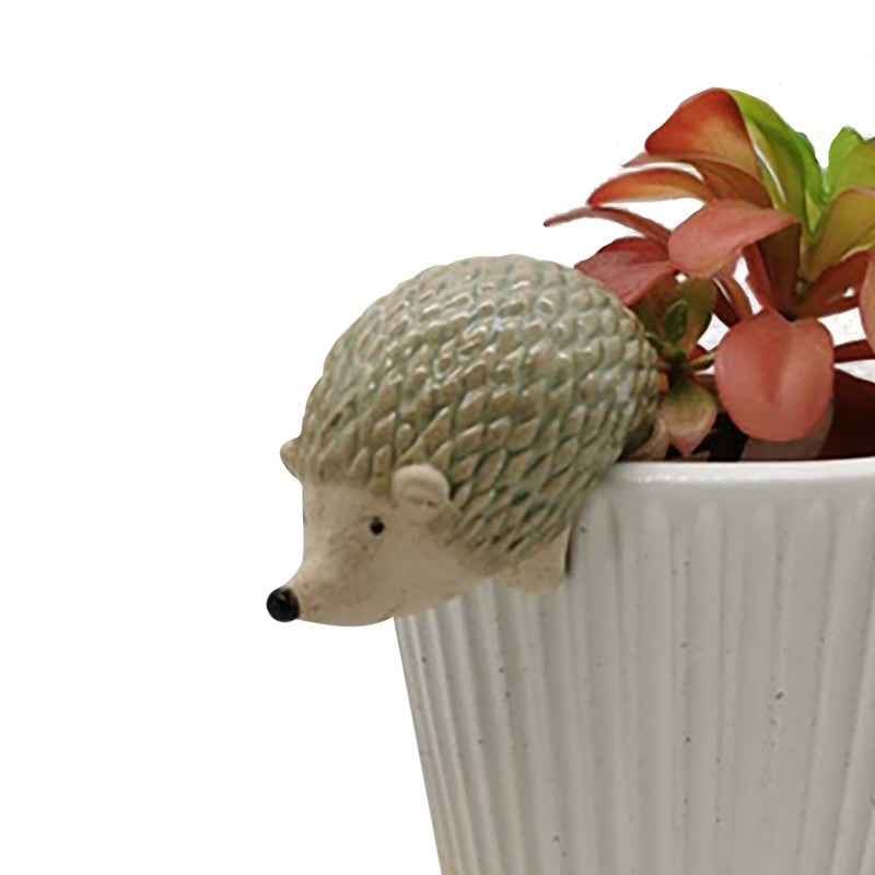 Hedgehog-shaped planter with a small plant on a white background
