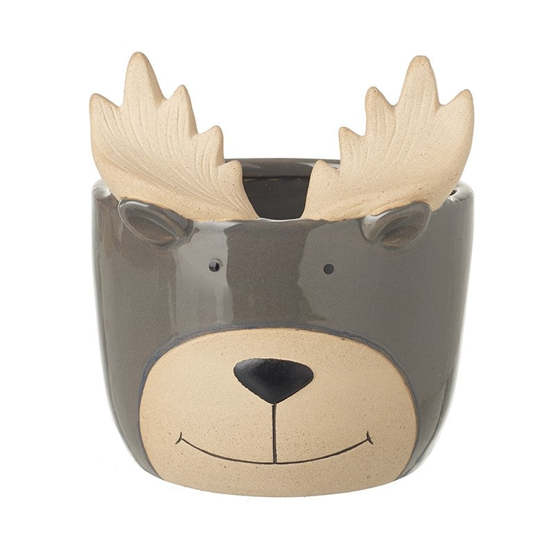 Ceramic pot shaped like a deer face with antlers on a white background