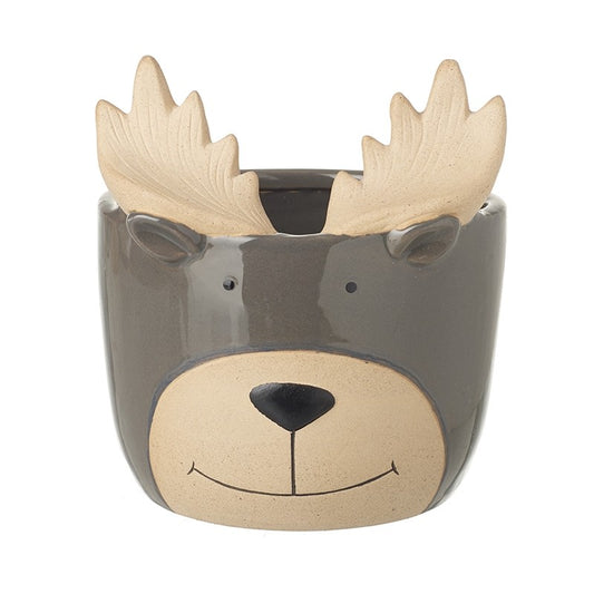 Ceramic pot shaped like a deer face with antlers on a white background
