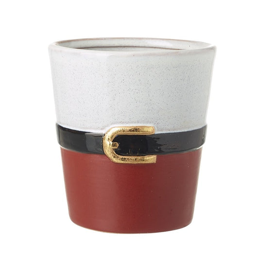 Ceramic planter with a white top and red bottom, featuring a black belt and gold buckle.