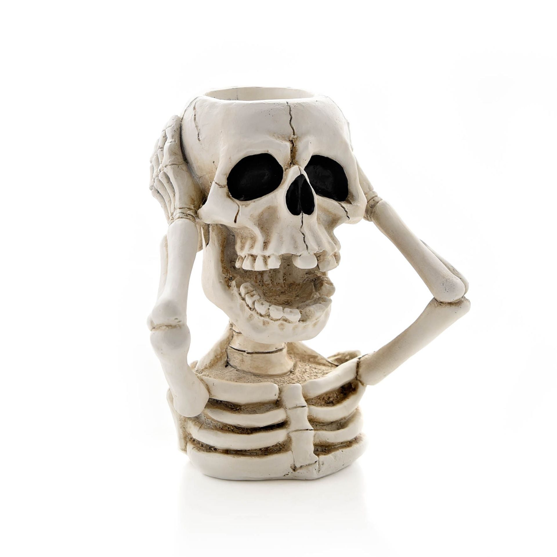 Skeletal figure with hands on head on a white background