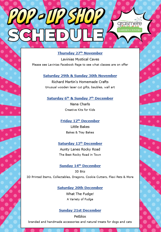 Pop-up shop schedule with event details on a colorful background