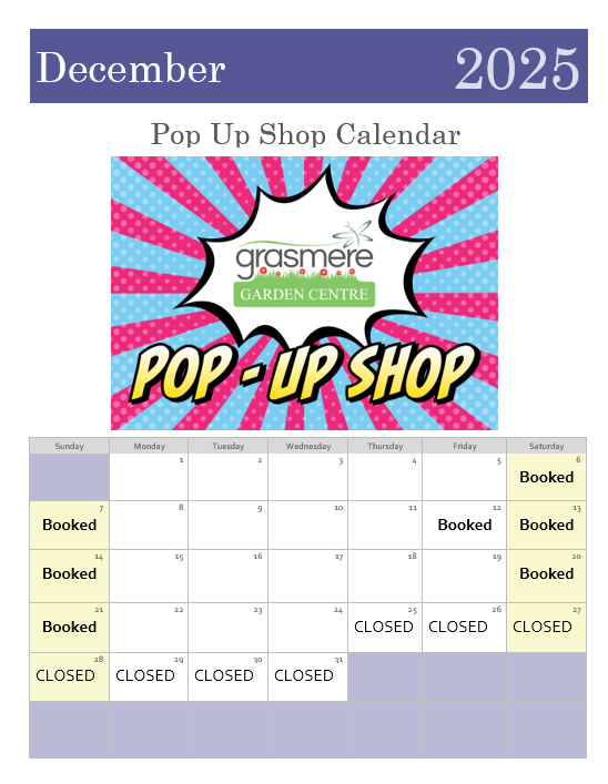 Calendar for December 2025 with Grasmere Garden Centre pop-up shop event.