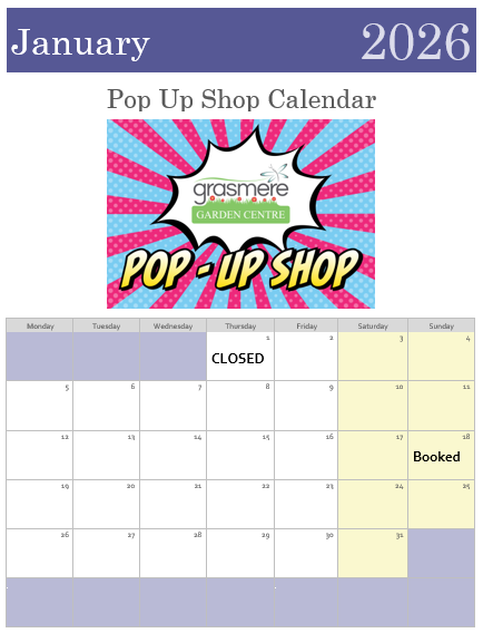 Calendar for January 2026 with Grasmere Garden Centre pop-up shop event.