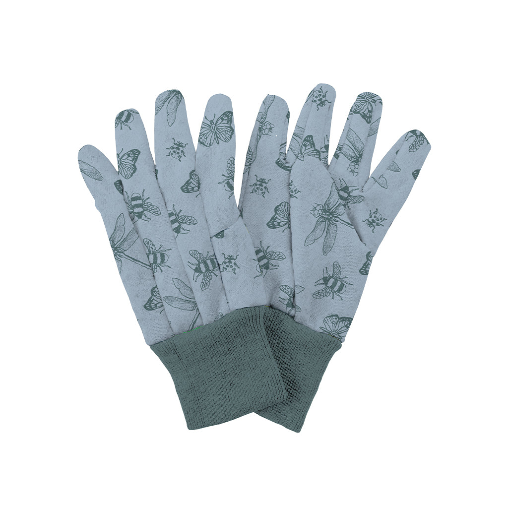 Pair of gray gardening gloves with insect patterns on a white background
