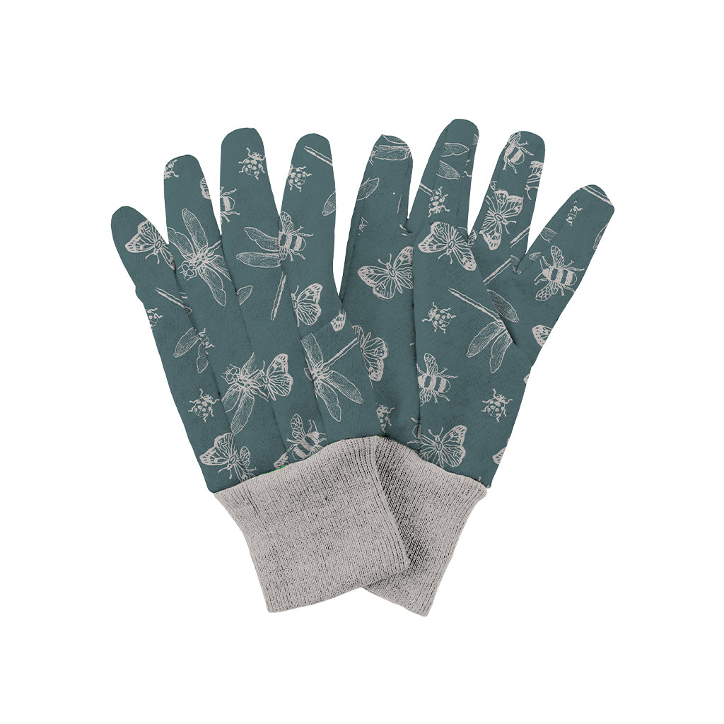 Pair of gardening gloves with insect pattern on a white background