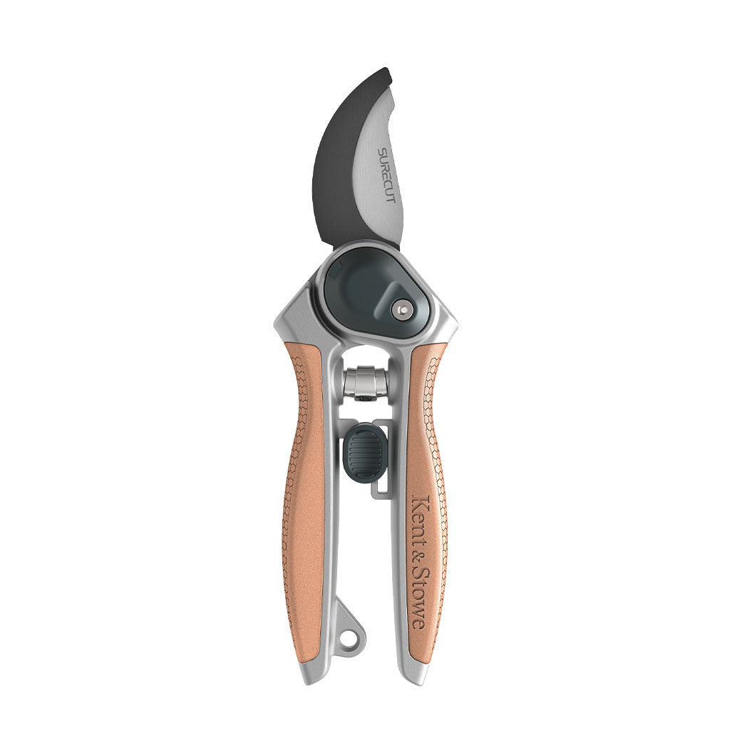 Gardening pruner with wooden handle on a white background