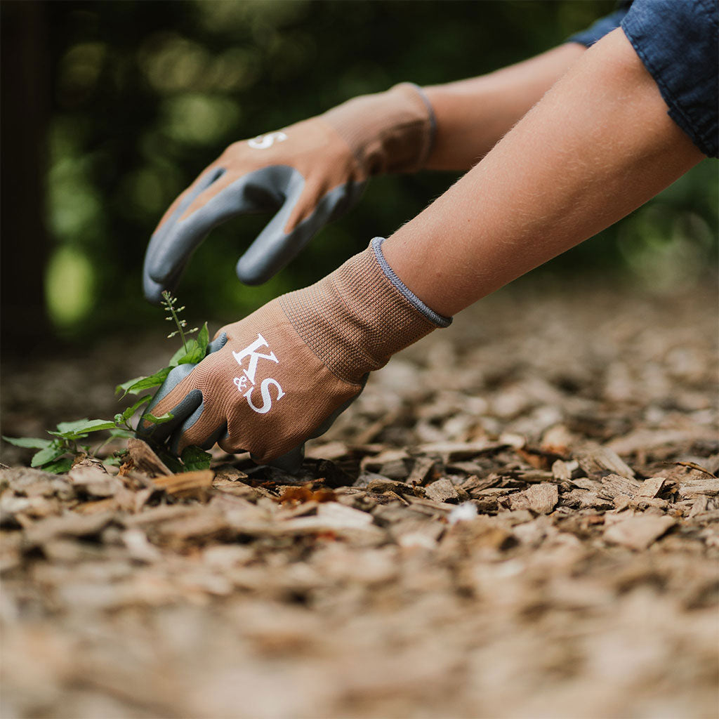 Person wearing gardening gloves with 'K&S' logo planting small plants in soil.