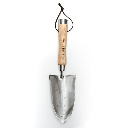 Gardening trowel with wooden handle on a white background