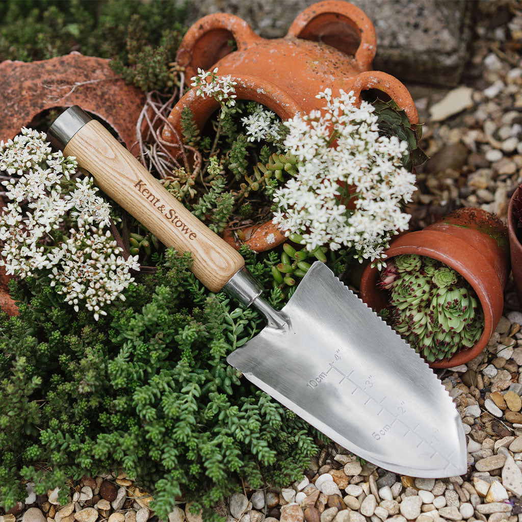 Gardening trowel with wooden handle on a garden background