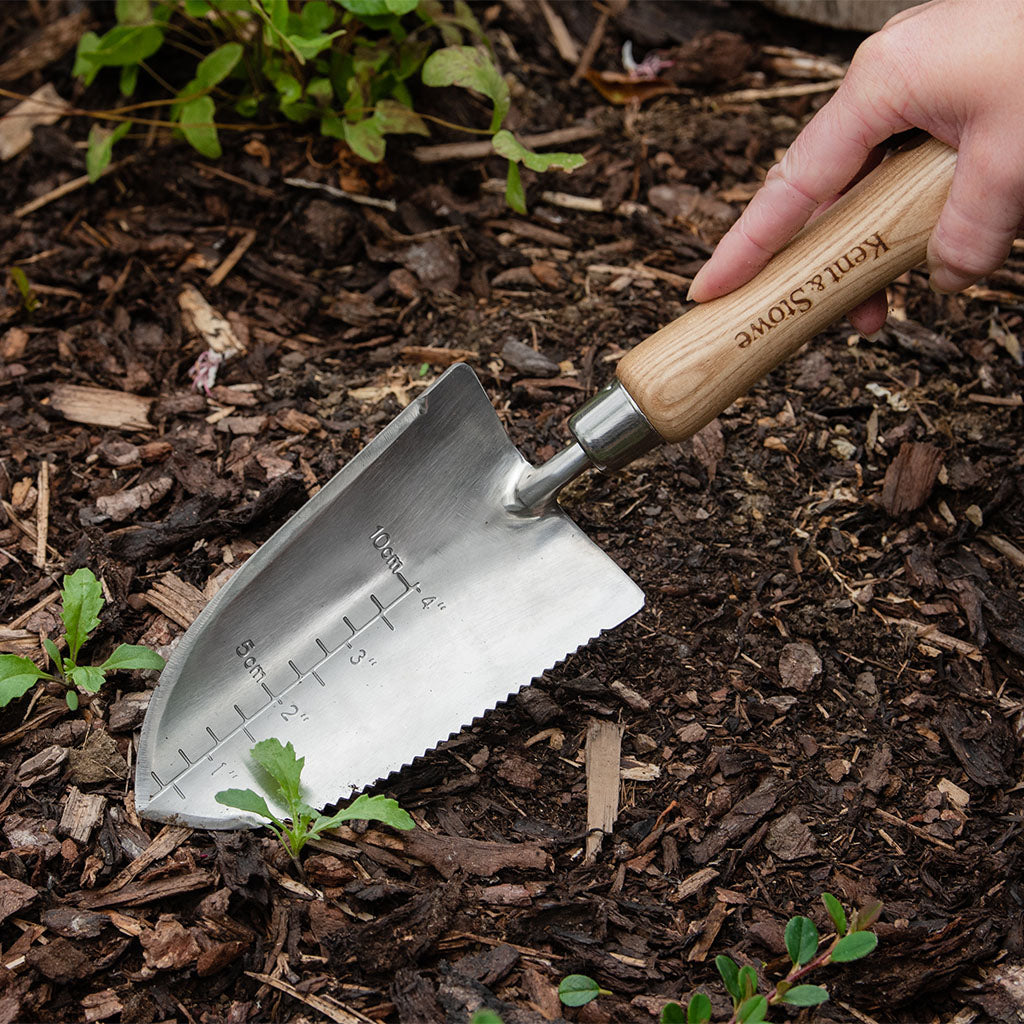 Gardening trowel with wooden handle in soil