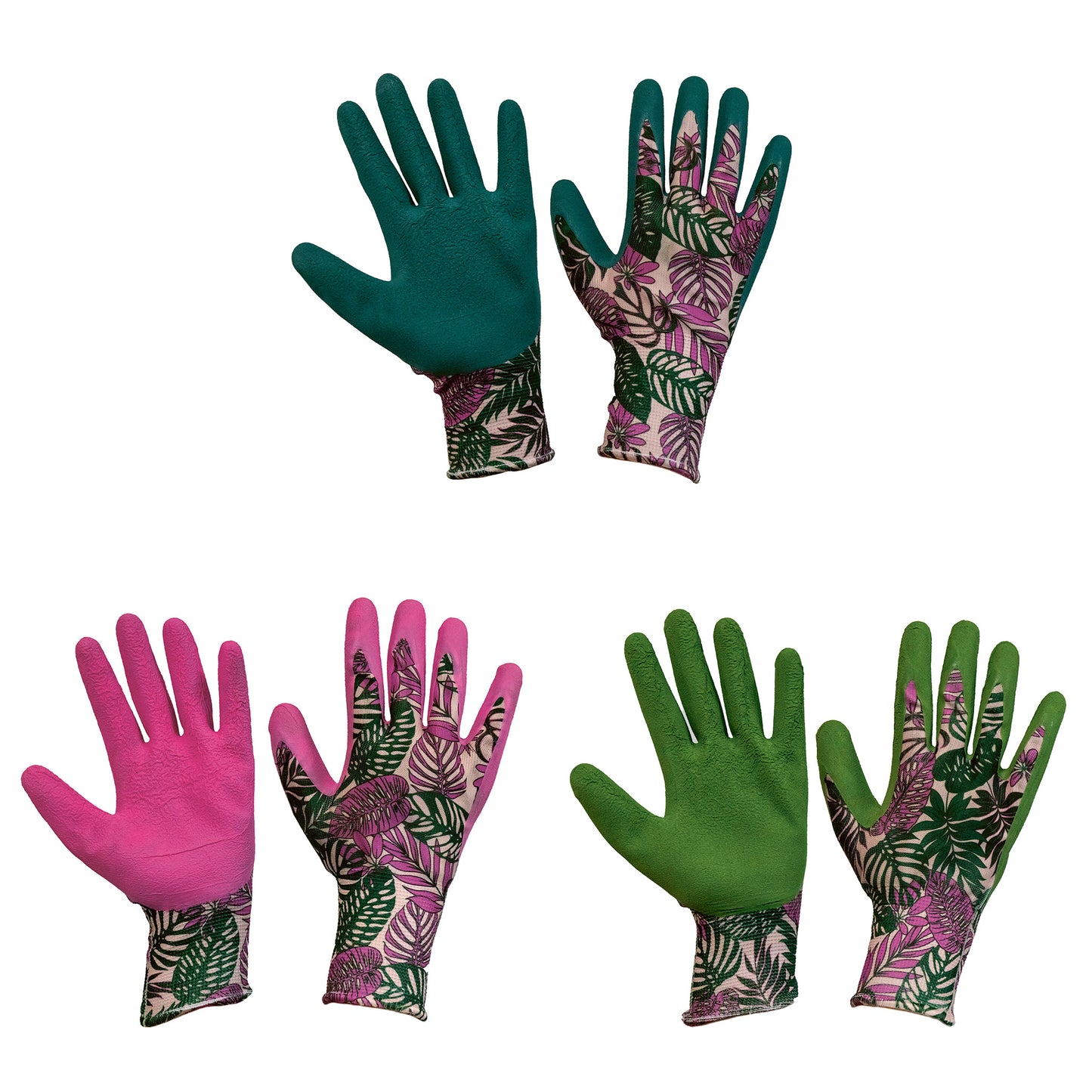 Pair of green gardening gloves with floral pattern on a white background