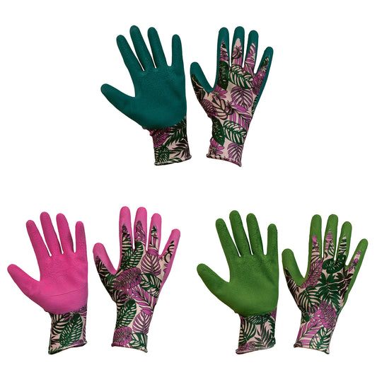 Pair of green gardening gloves with floral pattern on a white background