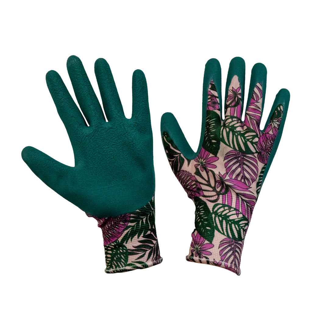 Pair of gardening gloves with one green and one floral pattern on a white background