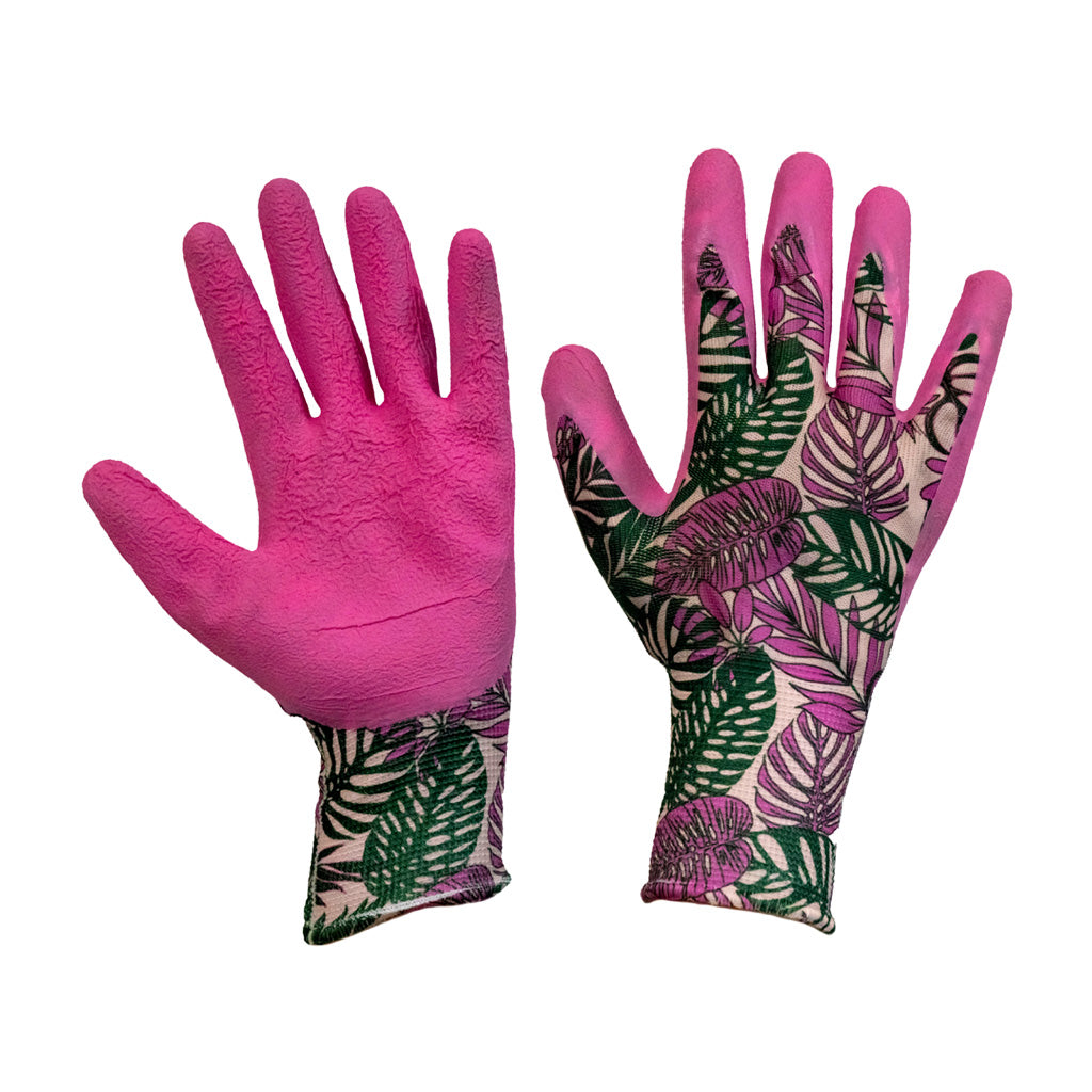 Pair of pink gardening gloves with leaf pattern on a white background