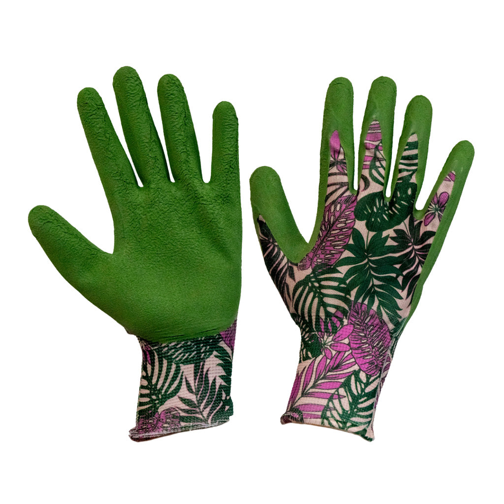Pair of green gardening gloves with floral pattern on a white background