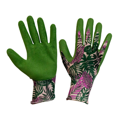 Pair of green gardening gloves with floral pattern on a white background