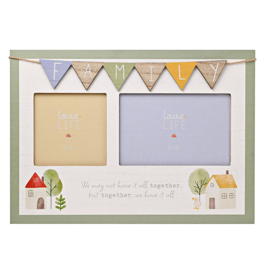 Double photo frame with 'Family' banner and small houses design