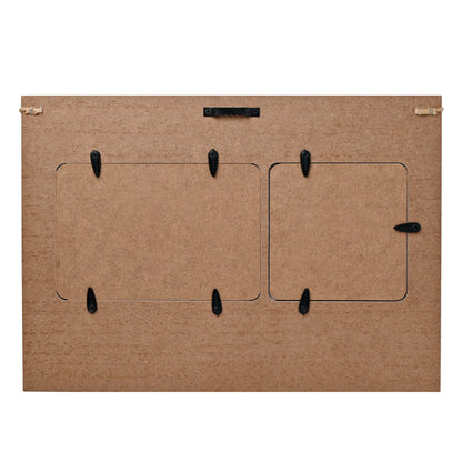 Brown cardboard sheet with cut-out sections and black hooks on a white background
